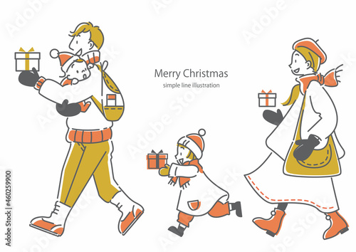 クリスマスシーズンにお出かけをしてプレゼントを買う4人家族のシンプルでお洒落な線画イラスト
