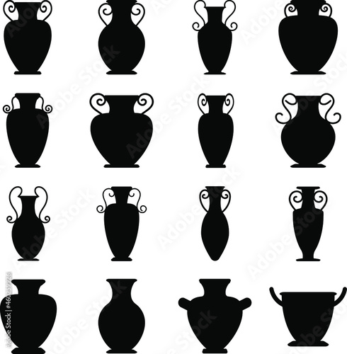 Vector ancient black greek vases set. Collection of urns. The symbols of antiquity and Greece. Amphora icon isolated on white background
