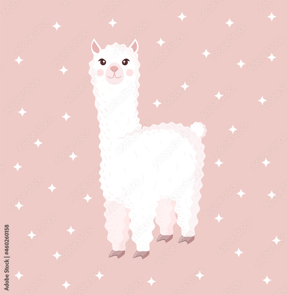 Fototapeta premium Cute llama or alpaca on a pink background with stars. Vector illustration for baby texture, textile, fabric, poster, greeting card, decor.