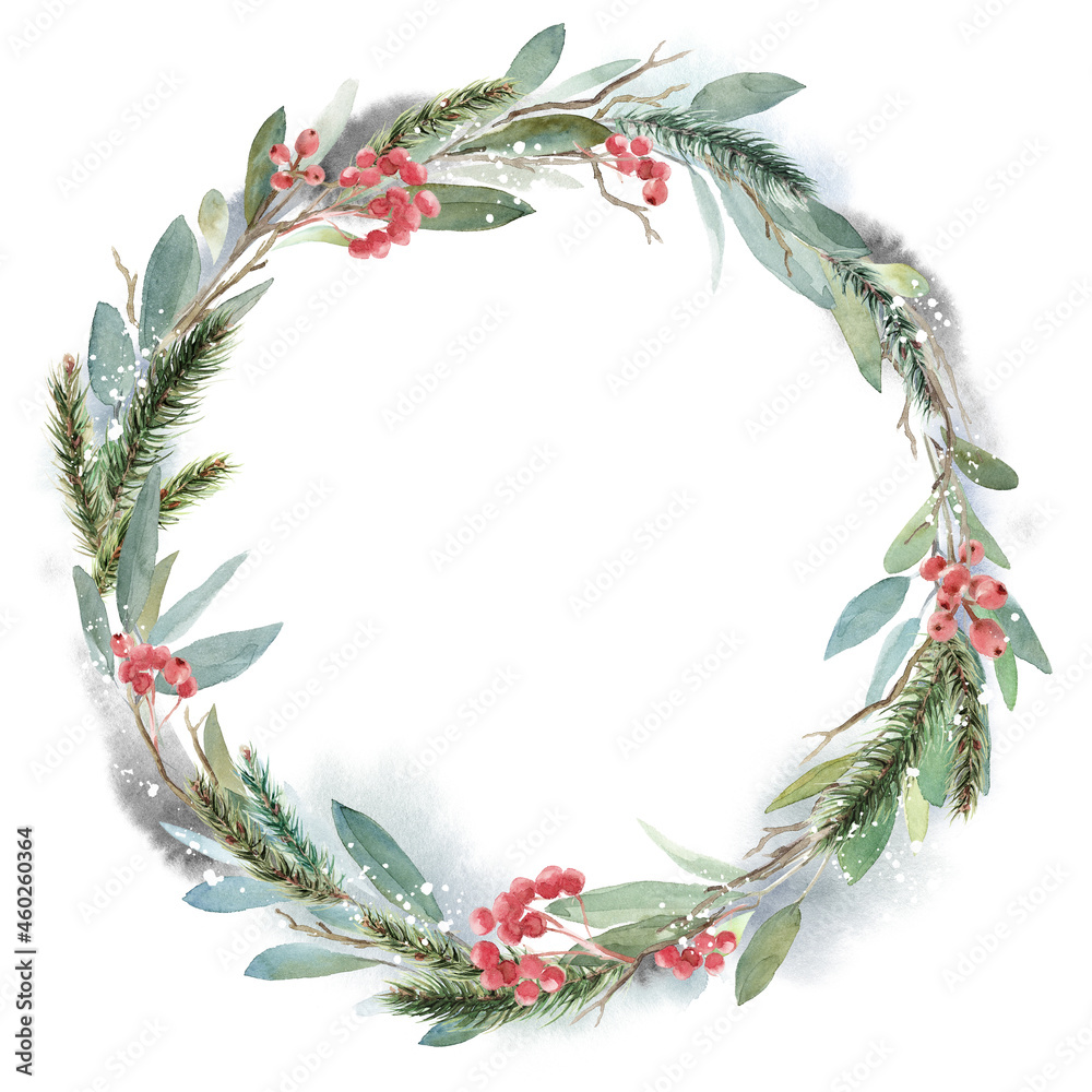 Watercolor Christmas wreath with fir, leaves and dry branches. Hand painted holiday frame with plants isolated on white background. Floral illustration