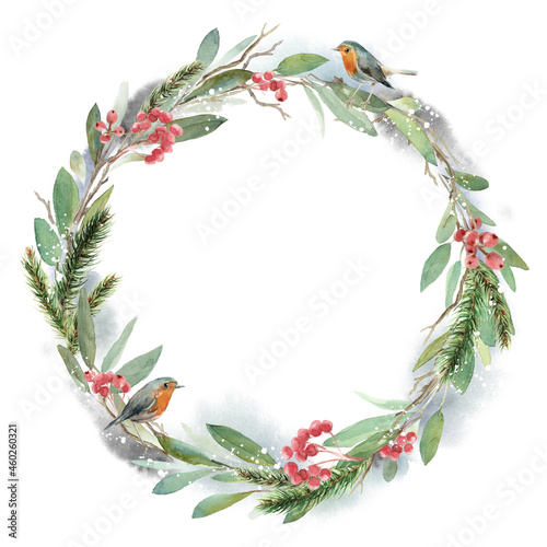Watercolor Christmas wreath with fir, leaves and dry branches with the bird robin. Hand painted holiday frame with plants isolated on white background. Floral illustration