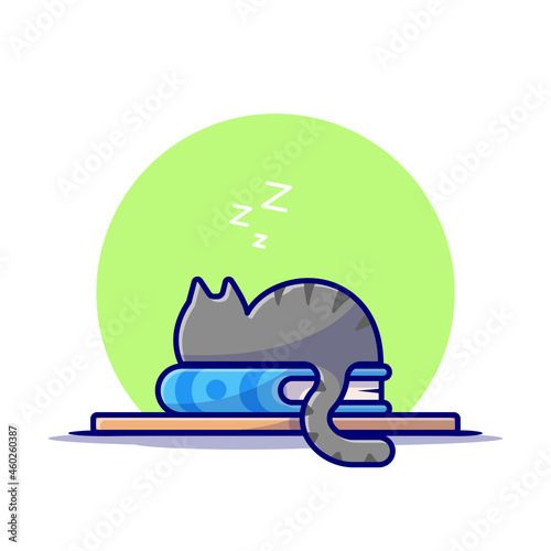 Cute Cat Sleeping On Book Stack Cartoon Vector Icon Illustration. Animal Education Icon Concept Isolated Premium Vector. Flat Cartoon Style