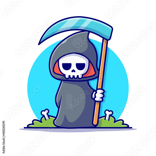 Cute Grim Reaper Holding Scythe Cartoon Vector Icon Illustration. People Holiday Icon Concept Isolated Premium Vector. Flat Cartoon Style