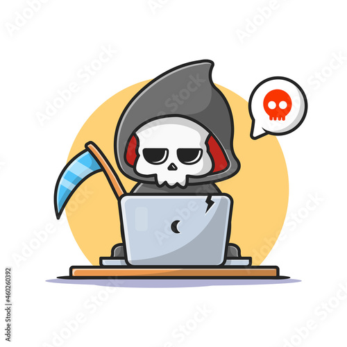 Cute Grim Reaper With Laptop Cartoon Vector Icon Illustration. Technology Holiday Icon Concept Isolated Premium Vector. Flat Cartoon Style.