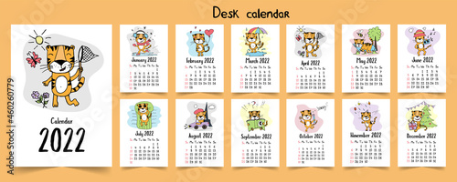 Calendar template 2022 new year with many different simple doodle colored seasonal illustrations for each month with cartoon symbol of the year - tiger Vector.