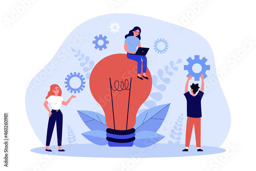 Creative idea, working process of business people team. Tiny man and woman characters standing, working with laptop near lightbulb flat vector illustration. Teamwork on new idea creation concept