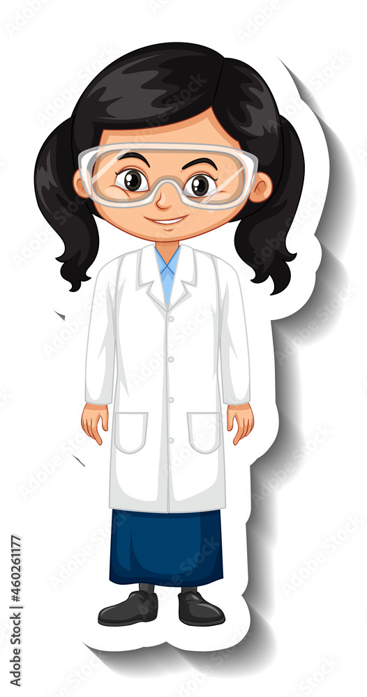 Cartoon character sticker with a girl in science gown Cartoon character sticker with a girl in science gown
