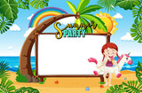 Empty banner board in the beach scene with cartoon character