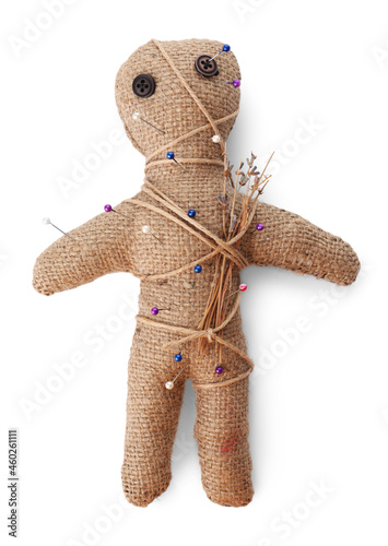 Foto Voodoo doll with pins and dried flowers isolated on white