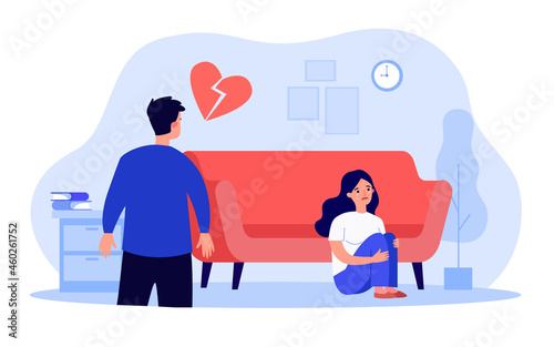 Woman sitting on floor with broken heart and crying. Conflict of unhappy couple flat vector illustration. End of love and relationship, divorce concept for banner, website design or landing web page
