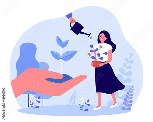 Gardener growing plant with care. Tiny woman holding potted flower, hand with seedling of tree flat vector illustration. Ecology, new life concept for banner, website design or landing web page