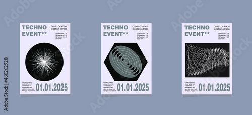 vector set of abstract posters for techno music event. Club party announcement template. Electronic music banner design.