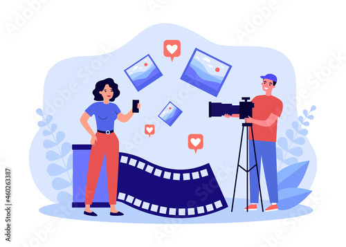 Photographer shooting photo content for social media. Girl model posing for man with camera on tripod flat vector illustration. Photo session concept for banner, website design or landing web page