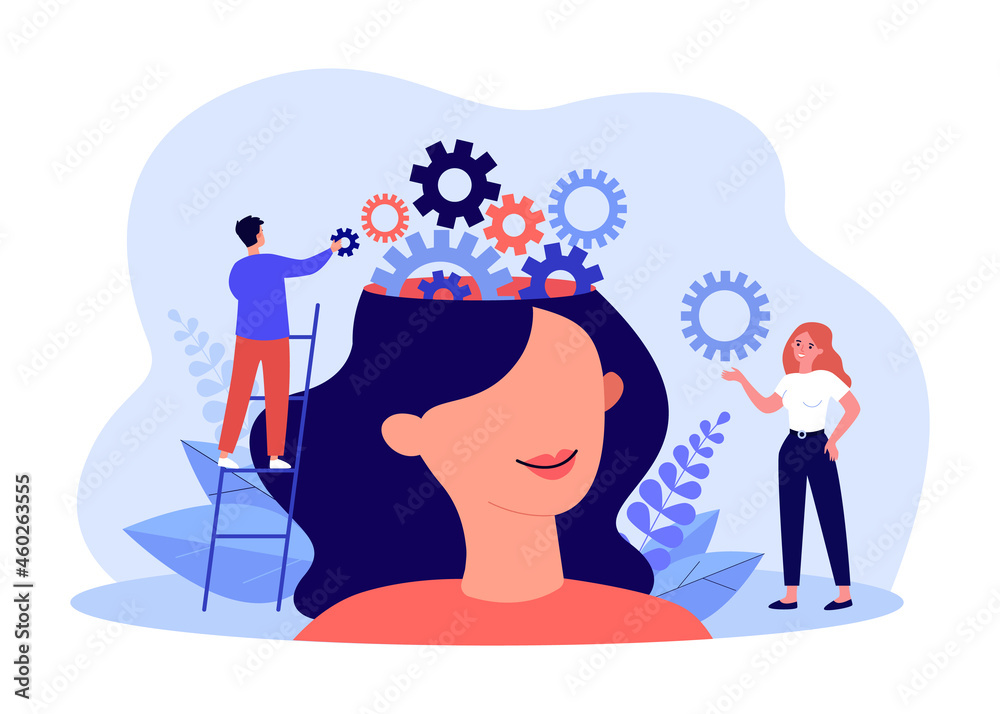 Team of tiny people working on balance of gears in female head. Man starting cognitive machine flat vector illustration. Training, self education concept for banner, website design or landing web page