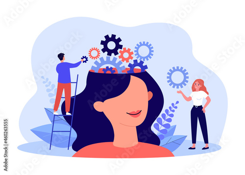 Team of tiny people working on balance of gears in female head. Man starting cognitive machine flat vector illustration. Training, self education concept for banner, website design or landing web page