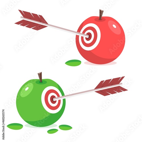 Arrow hits an apple. Conceptual vector illustration of succeeded target