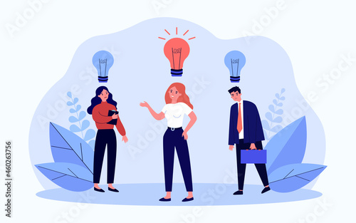 Employee with creative idea in light bulb. Business people with lightbulb on or off over head flat vector illustration. Inspiration, innovation concept for banner, website design or landing web page