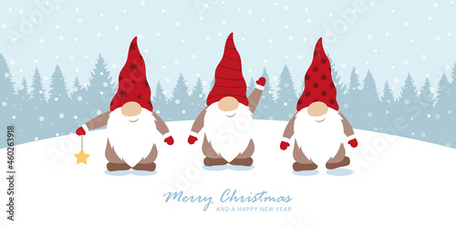christmas greeting card with cute christmas dwarf and snowy landscape