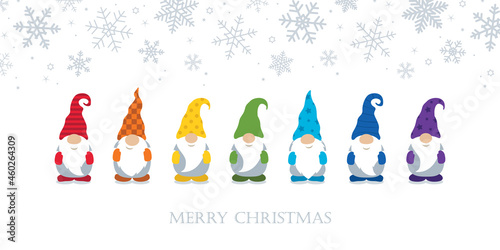 christmas greeting card with cute christmas dwarf in rainbow colours