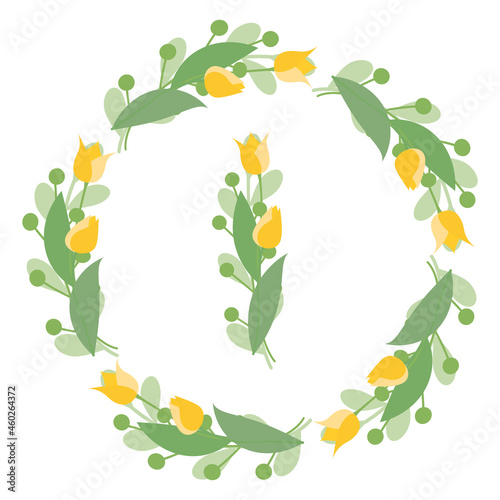 Vector isolate illustration. Round frames with yellow tulips and green leaves on a white background. Design elements for wedding cards  prints  greeting cards