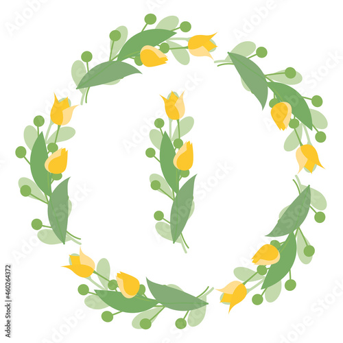 Vector isolate illustration. Round frames with yellow tulips and green leaves on a white background. Design elements for wedding cards, prints, greeting cards