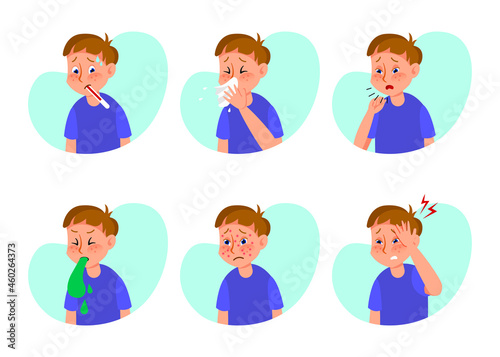 Ill boy with flu or cold flat vector illustrations set. Cartoon kid with symptoms of grippe, allergy or influenza, cough, nausea, fever, skin rash isolated on white background. Health, disease concept