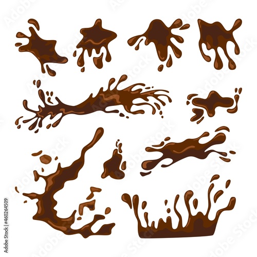 Splashes of coffee or hot chocolate vector illustrations set. Spilled drink, puddle of mud, liquid or fluid texture, splatter of brown paint isolated on white background. Texture, food, art concept
