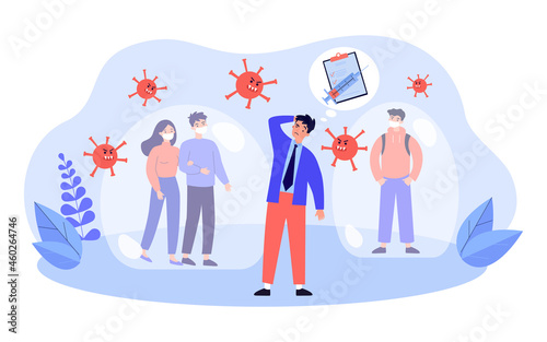 People protecting health by vaccination and wearing mask. Virus cells attacking man without mask flat vector illustration. Coronavirus protection concept for banner, website design or landing web page