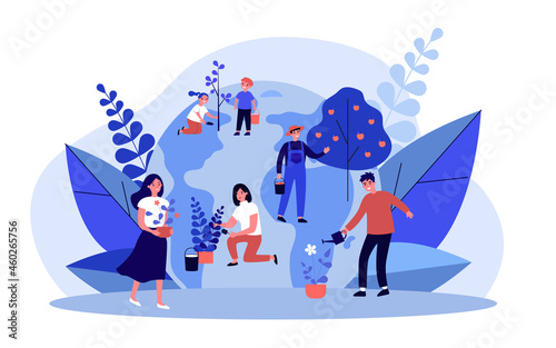 Gardeners doing garden farm work. Team of children and adult people gardening, watering, planting, growing flat vector illustration. Agriculture concept for banner, website design or landing web page