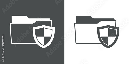 Símbolo seguridad. Icono plano con silueta de carpeta con escudo en fondo gris y fondo blanco