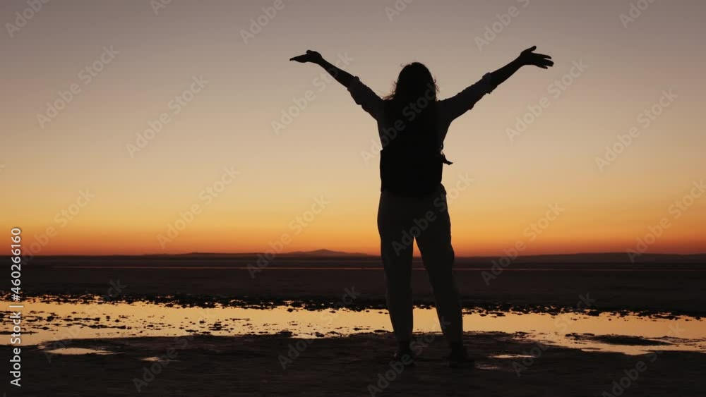 Silhouette from the back of a woman raising her hands up while standing in the middle of a dry deserted salt lake at sunset Silhouette from the back of a woman raising her hands up while standing in the middle of a dry deserted salt lake at sunset