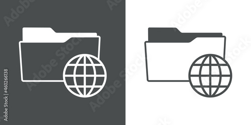 Icono plano con silueta de carpeta con globo terráqueo con lineas en fondo gris y fondo blanco