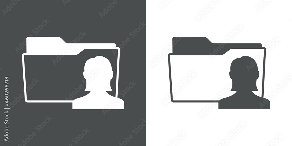 Icono información de usuario. Silueta de carpeta con mujer en fondo gris y fondo blanco Icono información de usuario. Silueta de carpeta con mujer en fondo gris y fondo blanco