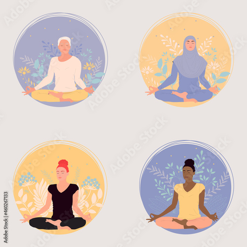 Set of diversey meditating women. Рeople in lotus position practice yoga. Vector illustration photo