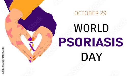 World Psoriasis Day in October 29th. Hands making heart shape holding awareness ribbon- orange and purple.   photo