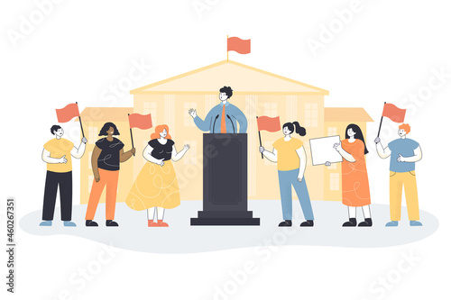 Minister speaking on meeting with audience of voters people. Public speech of speaker politician on podium at government building flat vector illustration. Politics, freedom and democracy concept