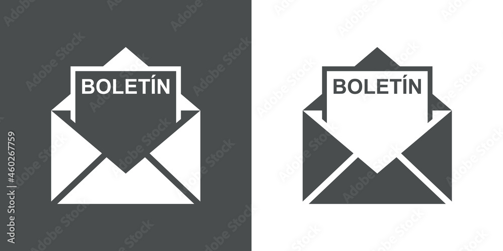 Icono con texto BOLETIN en español en silueta de hoja de papel en sobre abierto en fondo gris y fondo blanco Icono con texto BOLETIN en español en silueta de hoja de papel en sobre abierto en fondo gris y fondo blanco