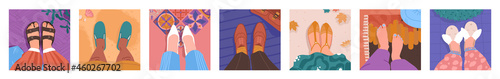 Feet in different places like home, beach, street, coworking, cafe, bathroom. Top view. Travel blogger legs selfie in shoes, sandals, flip flops, sneakers, strap, slippers. Real estate vector concept.