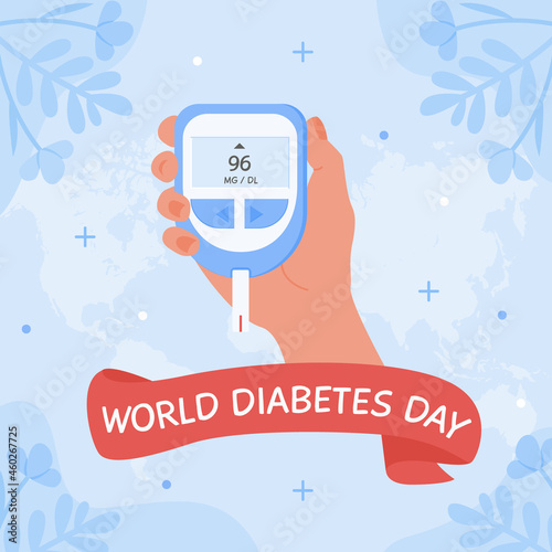 World Diabetes day square banner or card. Human hand holding glucometer to measure sugar level by finger stick. Blood glucose test. Medical device for sugar test control and level of glucose. Vector.