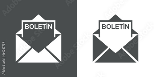Icono con texto BOLETIN en español en silueta de hoja de papel en sobre abierto en fondo gris y fondo blanco