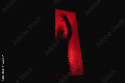 A blurred silhouette in the dark behind the glass.