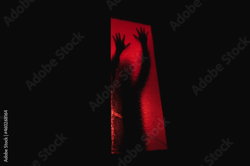 A blurred silhouette in the dark behind the glass.