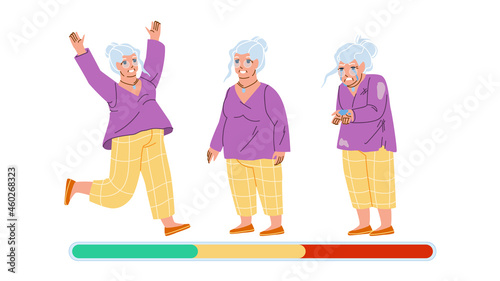 Old Woman Mood Laugh, Smile And Unhappy Vector. Happy Grandmother Mood Jumping, Standing And Smile, Stress And Crying. Character Elderly Lady Negative And Positive Emotion Flat Cartoon Illustration