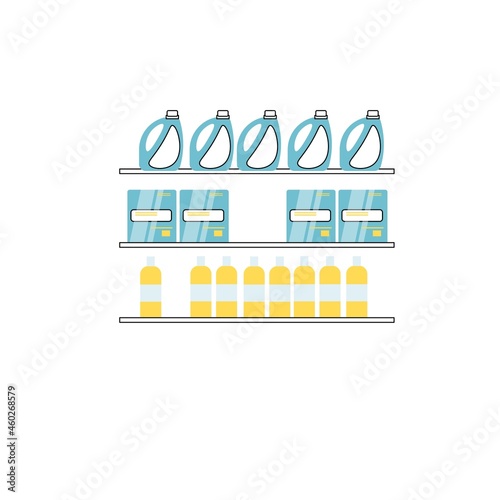 Vector flat cartoon shop window shelves with different cleaning products isolated on empty background-household chemicals store interior elements concept,web site banner ad design