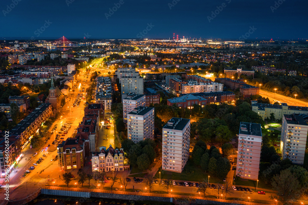 Aerial scenery of Gdansk city at dusk. Poland