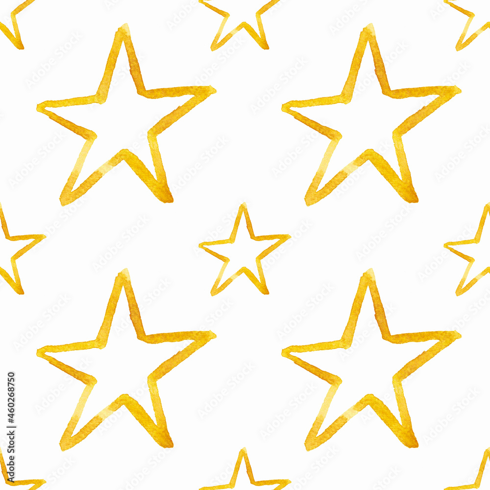 Seamless pattern with yellow stars. Watercolor illustration. Background. Holidays. Printing on fabric. Decoration. Beautiful. Cute. Handmade work. happy birthday. Happy New Year. Christmas.