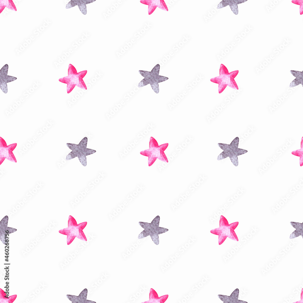 Seamless pattern with pink and gray stars. Watercolor illustration. Background. Holidays. Child. Printing on fabric. Decoration. Beautiful. Cute. Handmade work. happy birthday. Happy New Year. Christm Seamless pattern with pink and gray stars. Watercolor illustration. Background. Holidays. Child. Printing on fabric. Decoration. Beautiful. Cute. Handmade work. happy birthday. Happy New Year. Christm