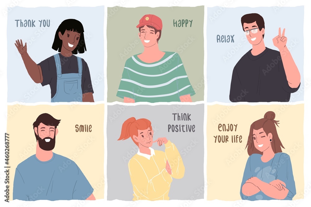 Set of vector cartoon flat happy smiling characters of different races ...