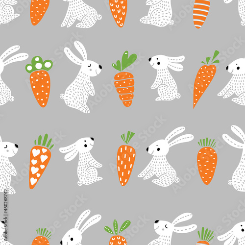 Cute rabbits and carrots in the Scandinavian forest. Seamless template can be used for wallpapers, fill templates, web pages backgrounds, surface textures