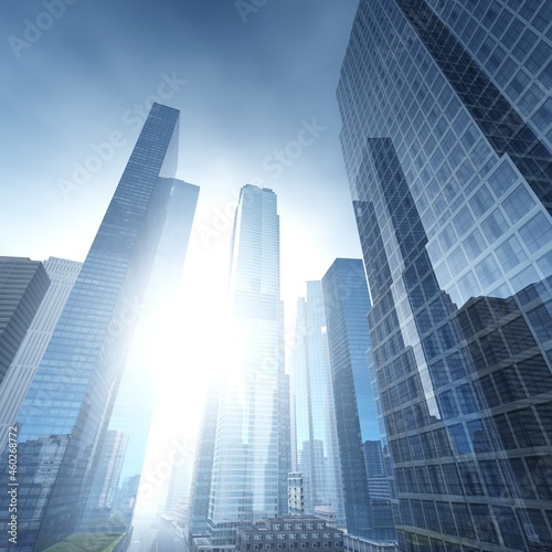 Skyscrapers, high-rise buildings in the rays of the sun, 3D rendering